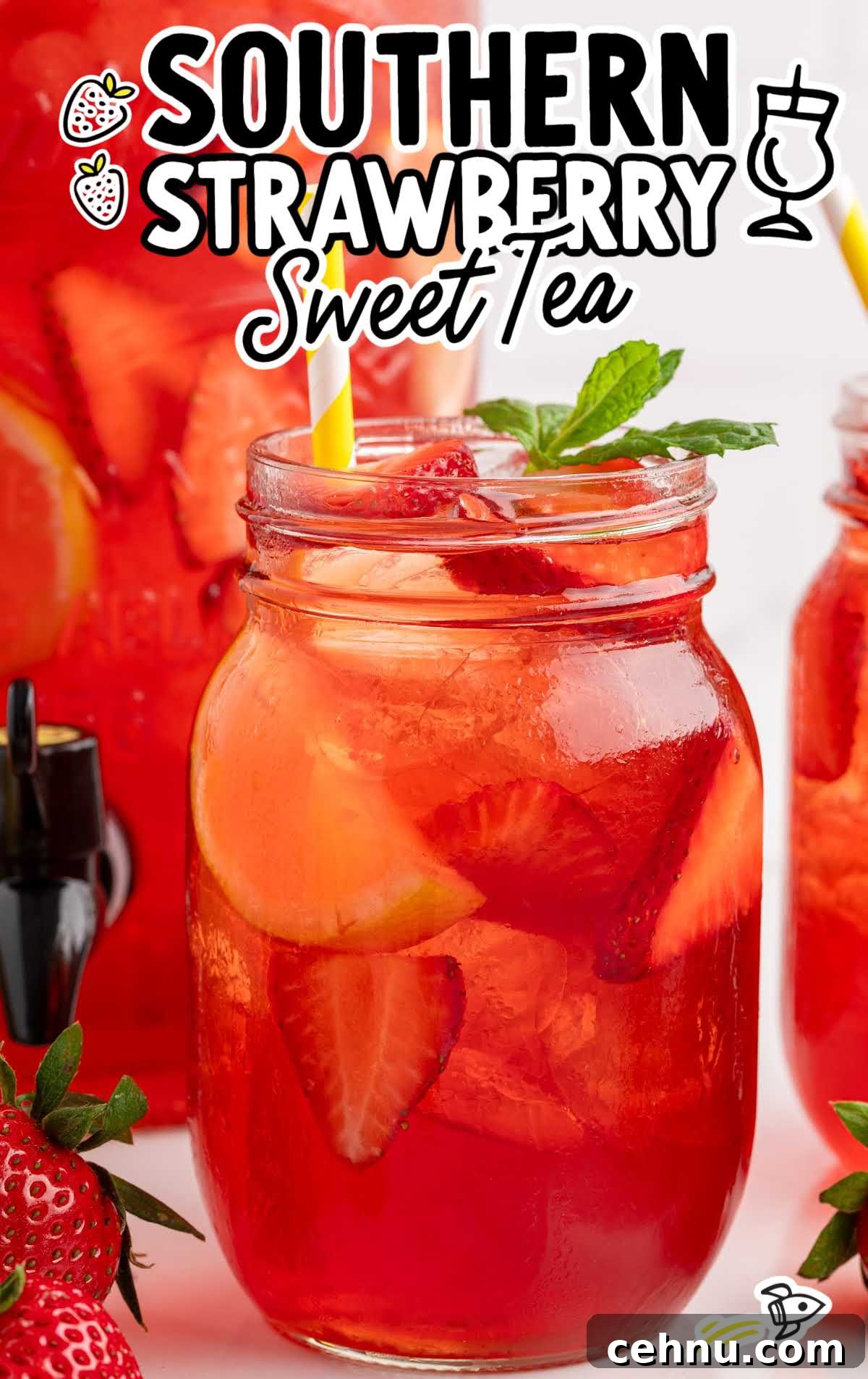 Close-up of a mason jar filled with strawberry sweet tea and lemon, with text overlay “Southern Strawberry Sweet Tea.”