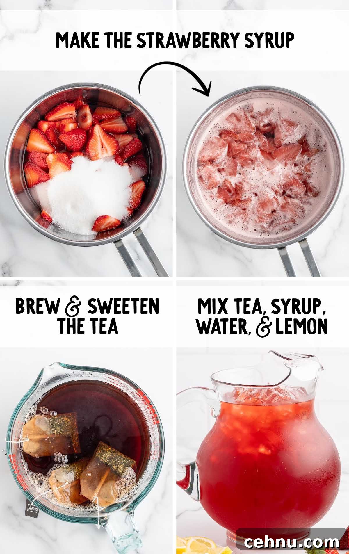 Step-by-step collage showing how to make strawberry syrup, brew tea, and combine ingredients for sweet tea.