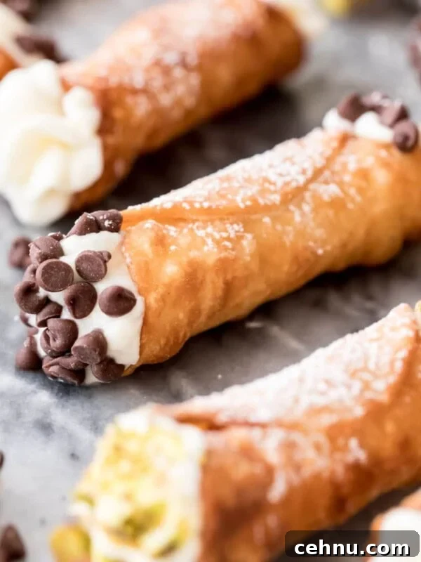 Filled cannoli with chocolate chips and pistachio on marble