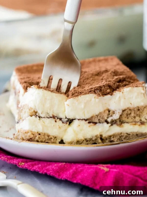 Sticking a fork into a plate of tiramisu