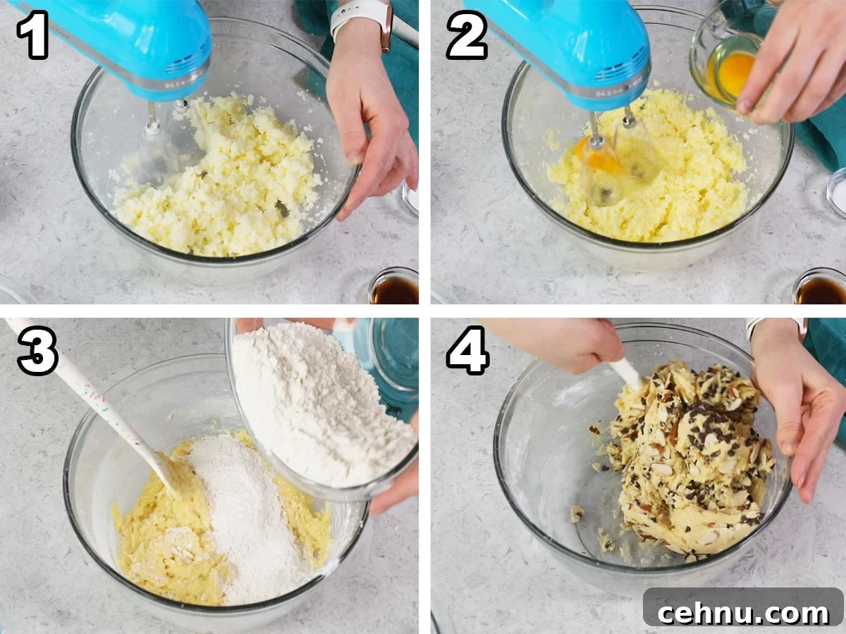 Collage showing steps to make biscotti dough