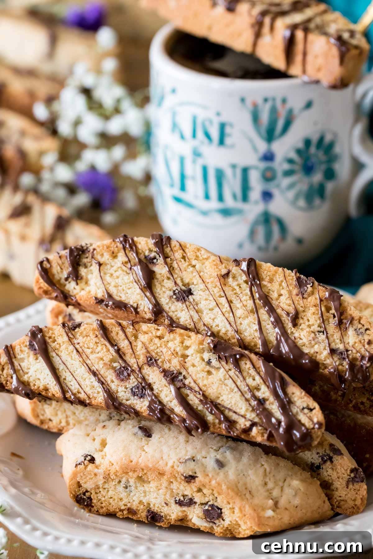 Stack of chocolate chip biscotti drizzled with chocolate next to a coffee mug