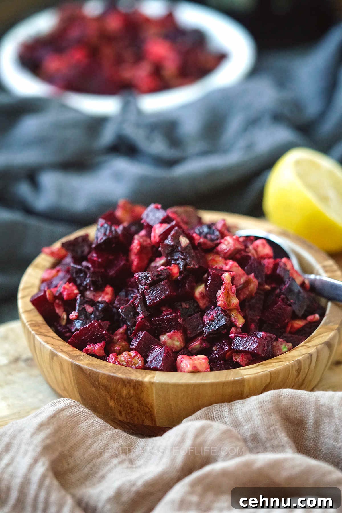 Sweet earthy beets with crunchy walnuts and prunes and lots of creamy avocado for a simple salad with Eastern European style - Russian beet salad.