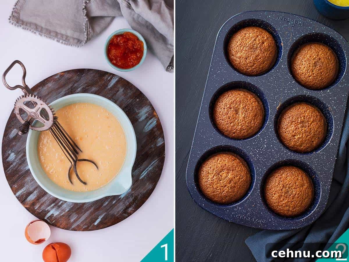 Authentic South African Malva Pudding Cake Recipe 5 Pudding batter and baked cakes in a muffin tin