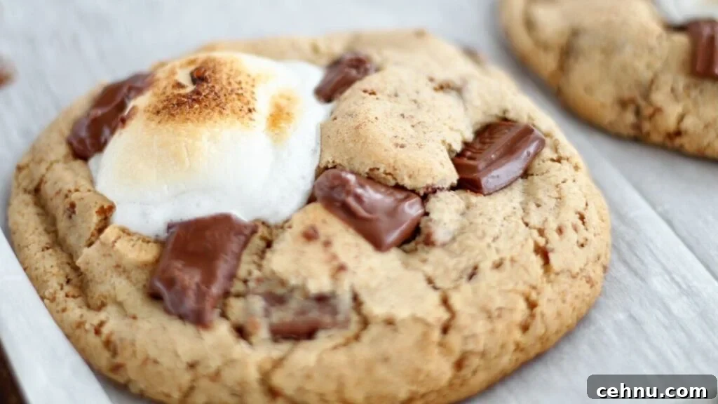 Chewy Gluten Free Smores Cookies Recipe 12 landscape view of two cookies on parchment lined baking sheet.