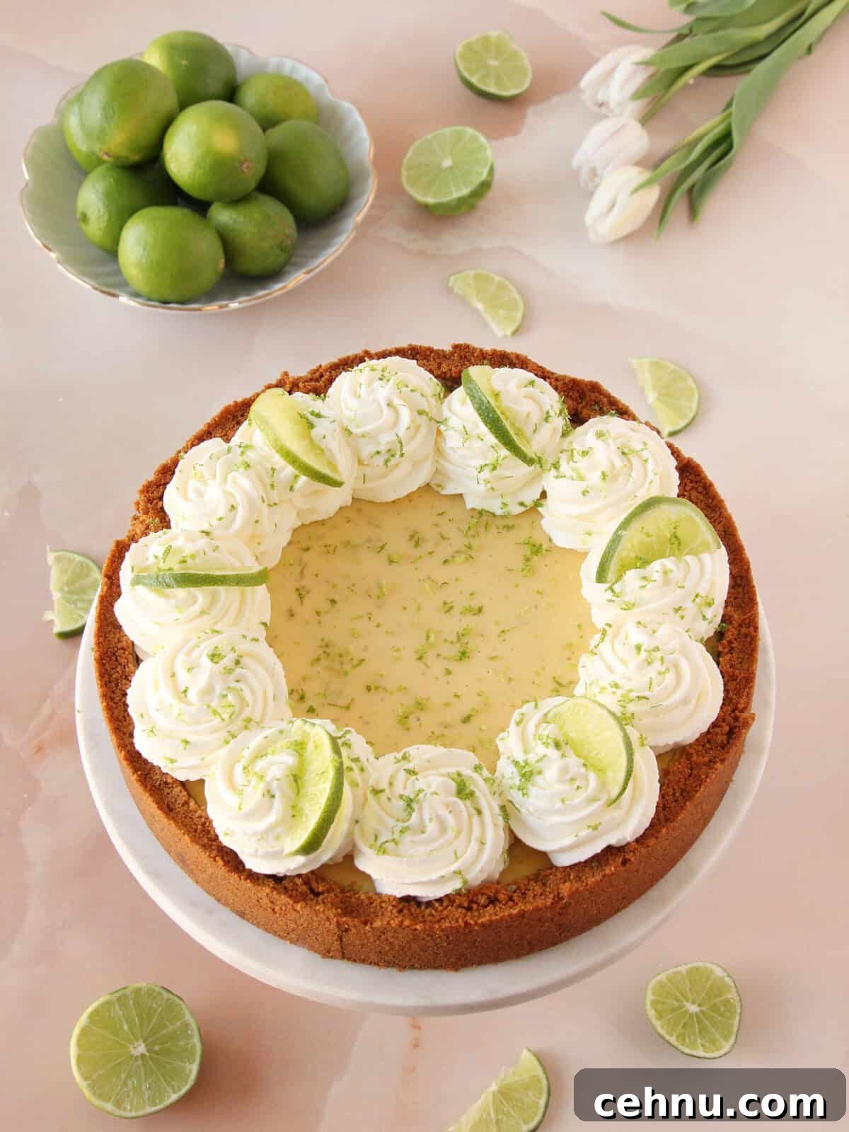 Keylime pie beautifully decorated with whipped cream swirls, lime wedge and lime zest on pink marble background.