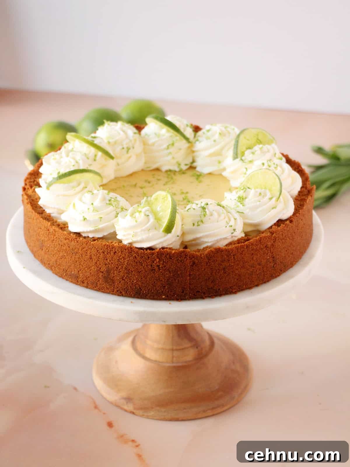 Beautiful key lime pie on cake stand, decorated with swirls of whipped cream, wedges of limes and lime zest. All on beautiful pink marble background.