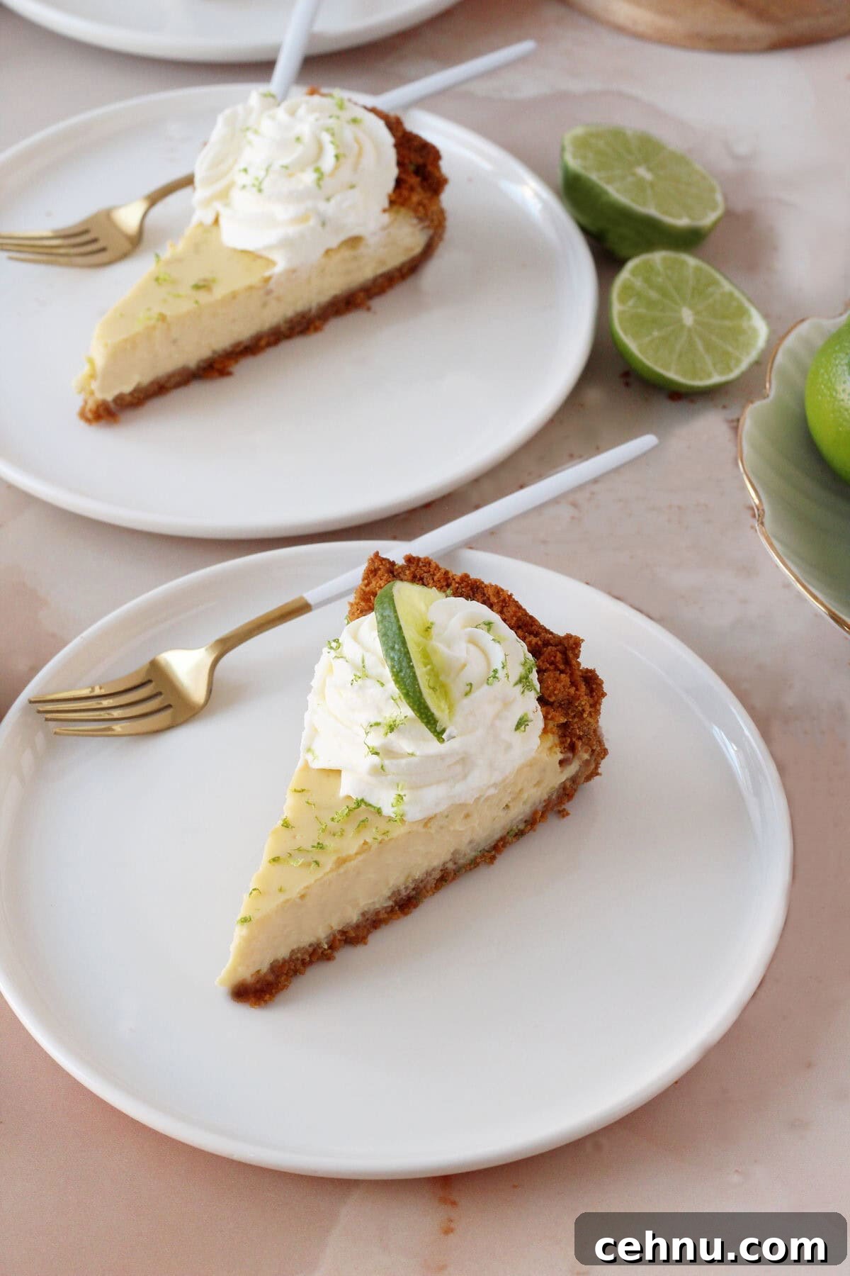 Slice of keylime pie decorated with swirl of whipped cream, wedge of lime and zest of lime. Placed on white round plate with limes around as decoration on pink marble background.