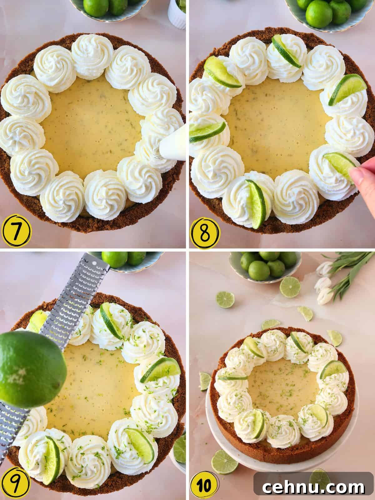 Step-by-step on how to decorate key lime pie with whipping cream, lime wedges and lime zest.
