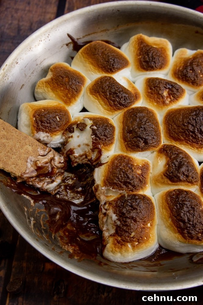 Oven S'mores Dip with Toasted Marshmallows 2 a steel pan with golden brown marshmallows and a graham cracker scooping out marshmallow and chocolate