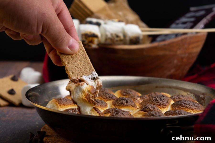 Oven S'mores Dip with Toasted Marshmallows 3 a graham cracker dipping into melted chocolate and gooey marshmallow