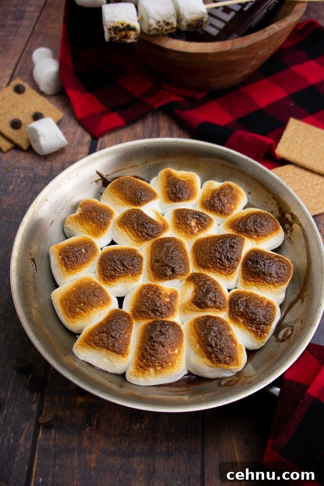 Oven S'mores Dip with Toasted Marshmallows 6 a pan with oven s'mores dip on a wooden table with a red and black checkered napkin and graham crackers