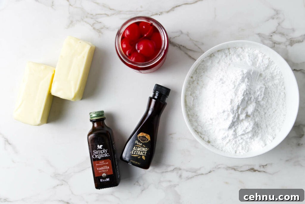 Ingredients used to make maraschino cherry buttercream.