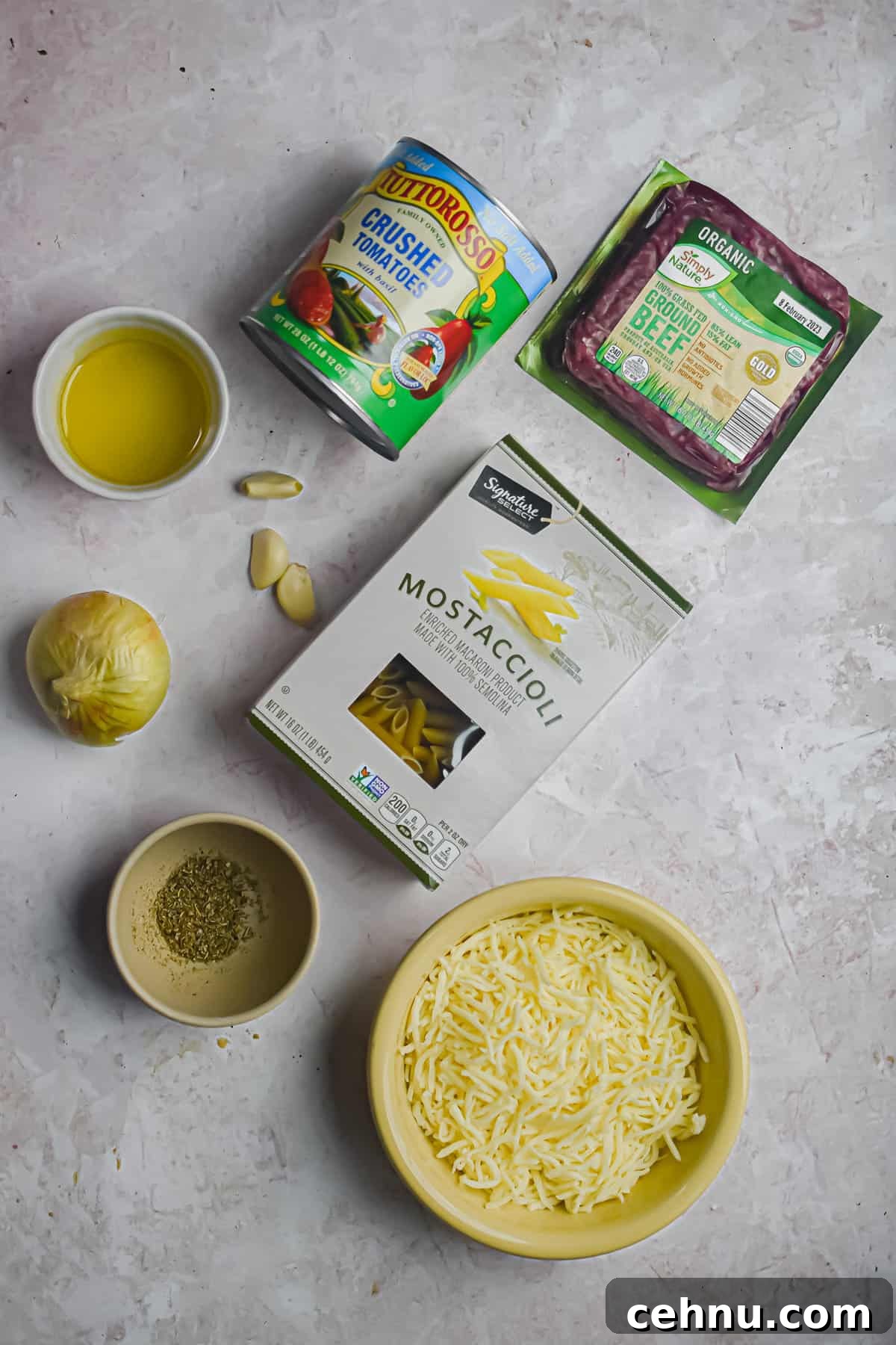 An overhead shot of the ingredients for meaty marinara pasta