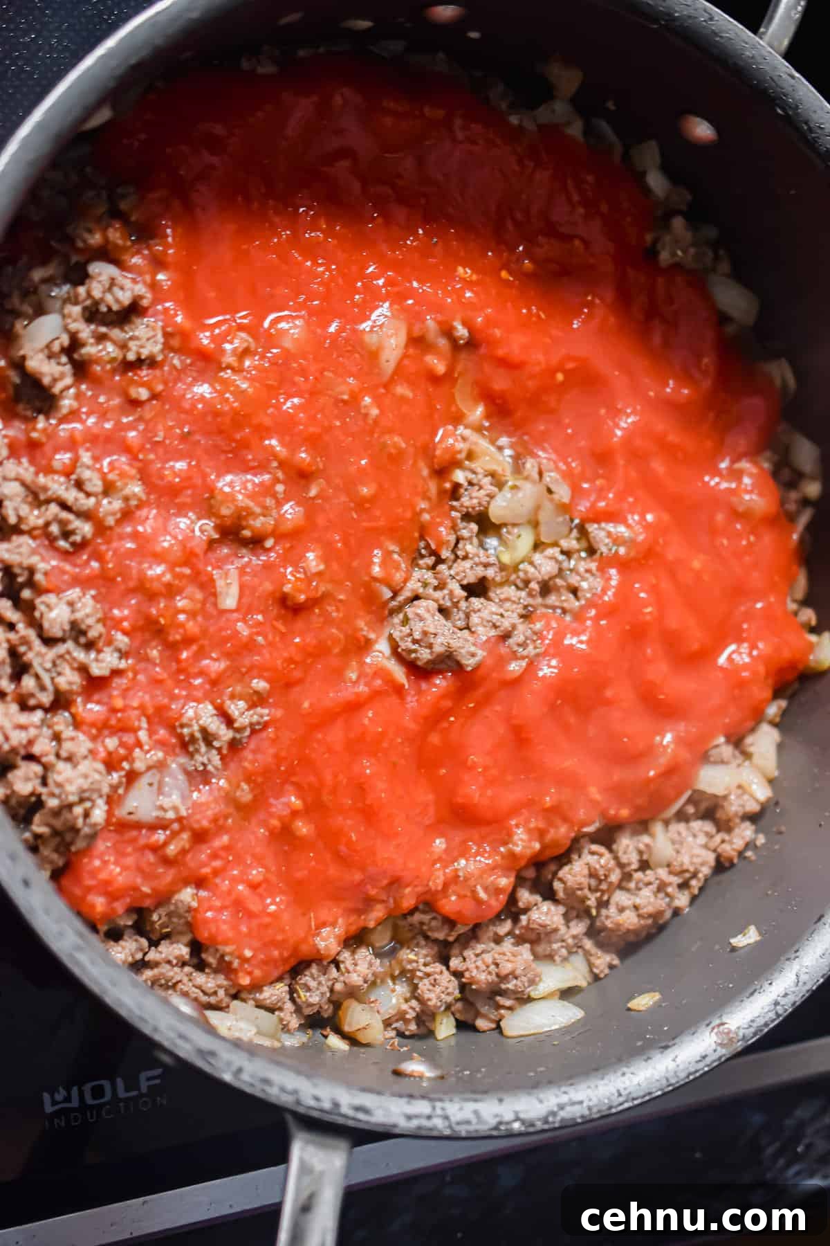 The tomatoes are added to the pan.
