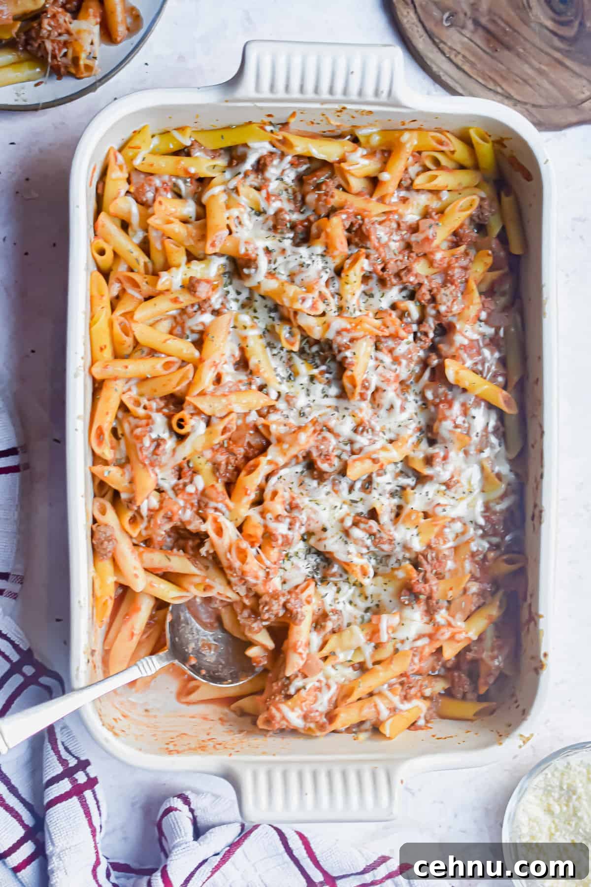 An overhead shot of the meaty marinara in a baking dish.