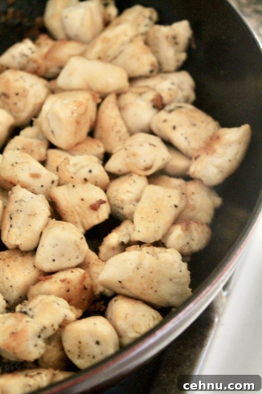 brown and cook the chicken cubes for 10 minutes