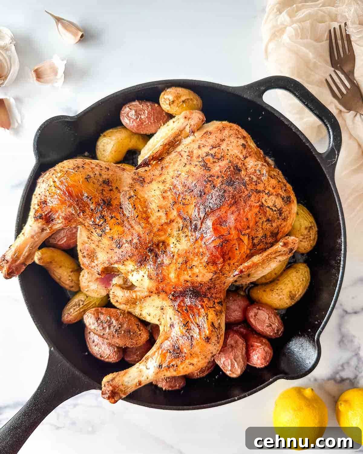 Greek roast chicken in a cast iron skillet with potatoes.