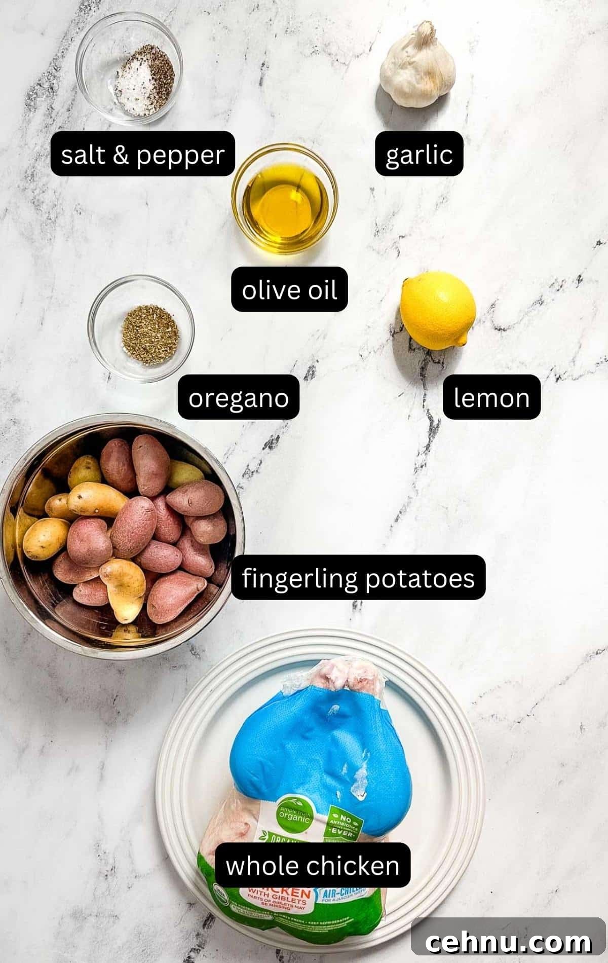 Labeled ingredients for Greek roast chicken on a marble table.