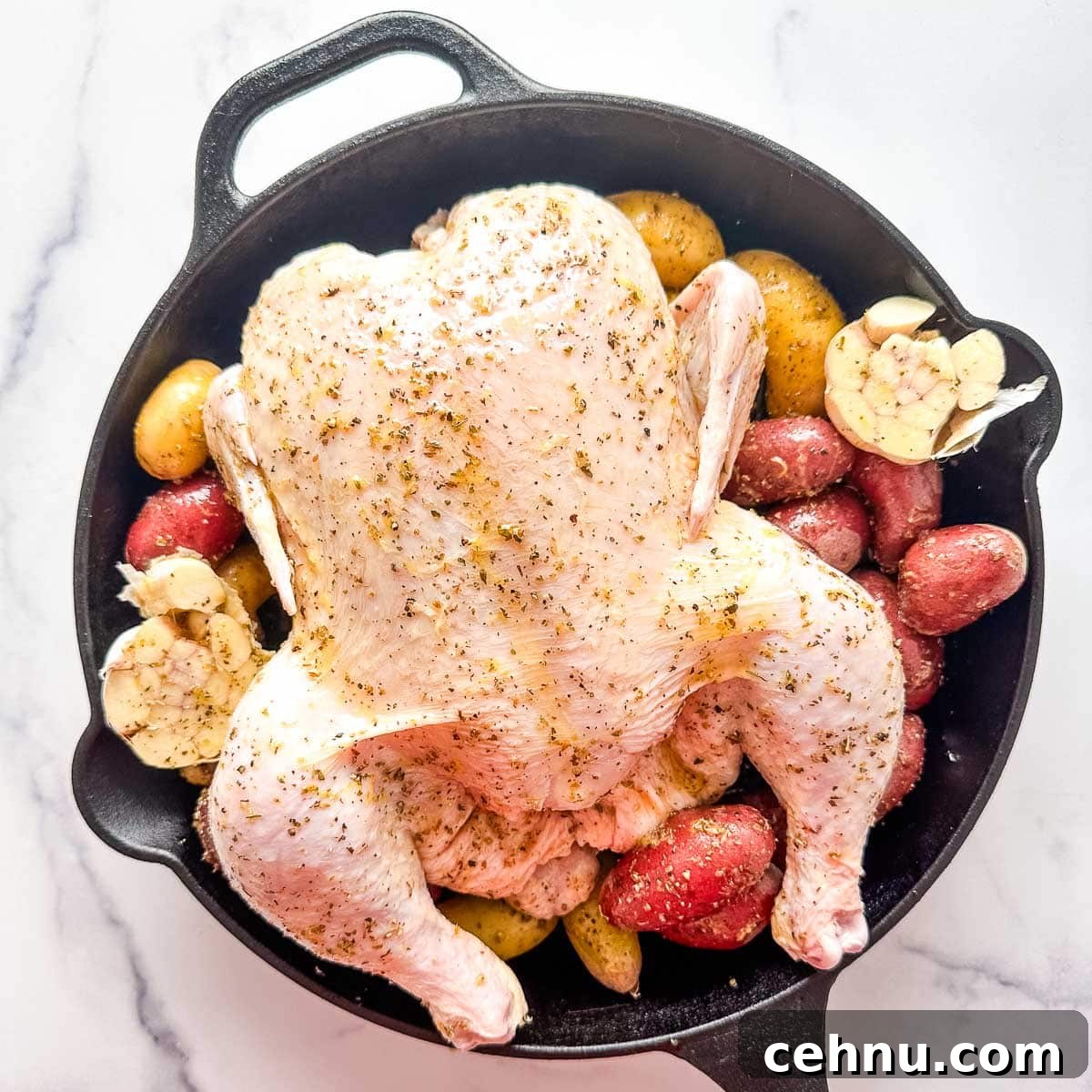 A chicken and potatoes in a cast iron skillet.