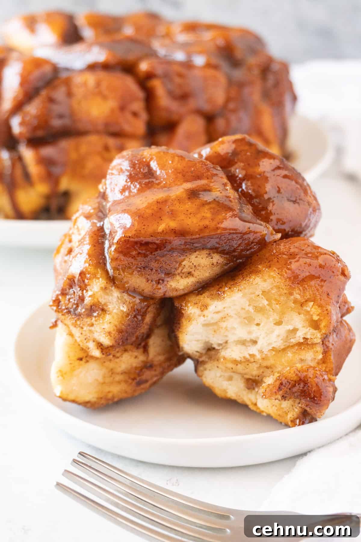 cinnamon pull apart bread slice on white plate.