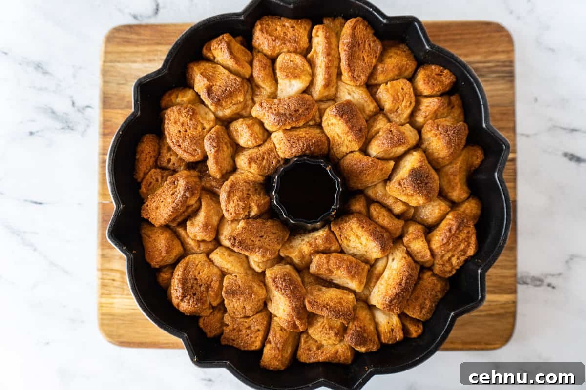 baked cinnamon pull apart bread before flipping