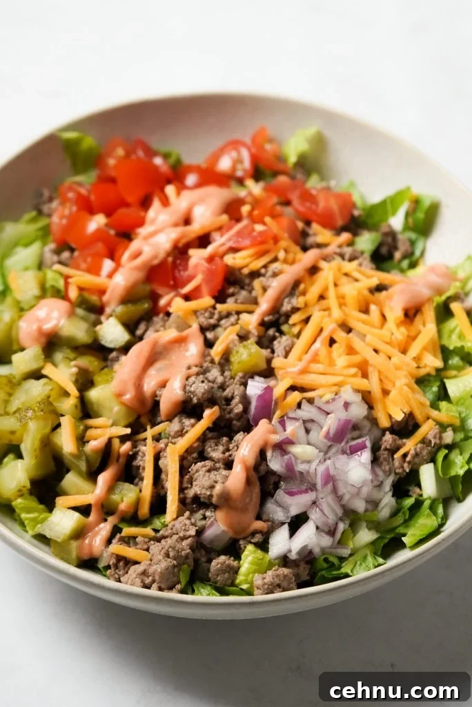 burger salad with special sauce dressing on top