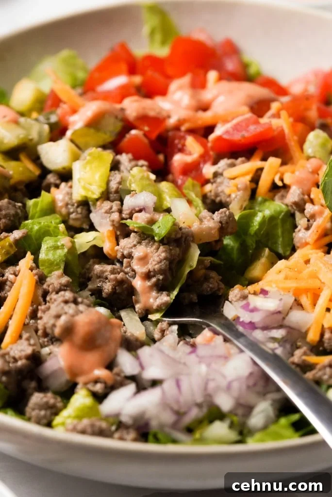 close up shot of salad with seasoned ground beef, cheddar cheese, red onion, tomatoes, pickles
