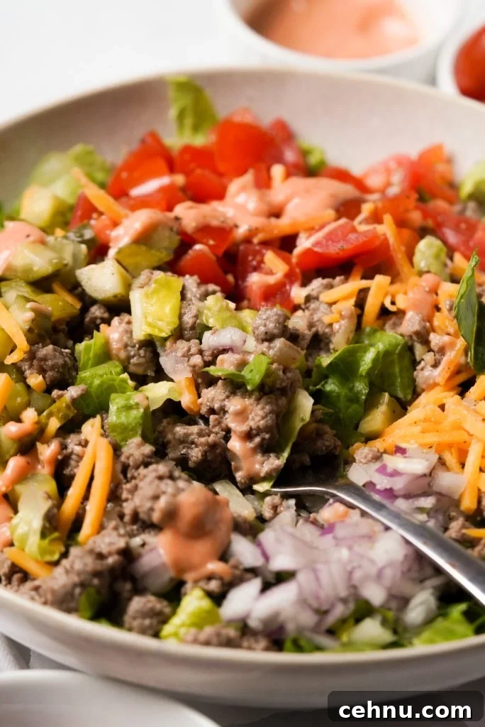 salad with seasoned ground beef, tomatoes, dill pickles, red onion, cheddar cheese, and special sauce