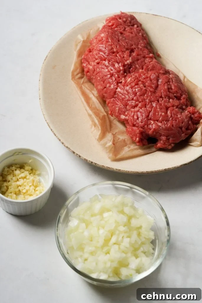ground beef, garlic,  and onion