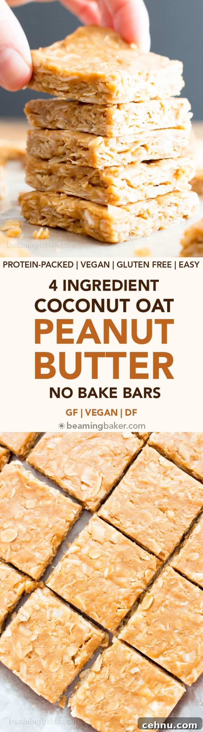 4-Ingredient No-Bake Peanut Butter Coconut Oat Bars, Vegan GF 6 4 Ingredient No Bake Peanut Butter Coconut Oatmeal Bars (V, GF): an easy, one bowl recipe for protein-rich, gluten-free oatmeal bars bursting with peanut butter and coconut. #Vegan #GlutenFree #DairyFree #HealthySnacks #ProteinRich #RefinedSugarFree #PlantBased | Recipe on BeamingBaker.com