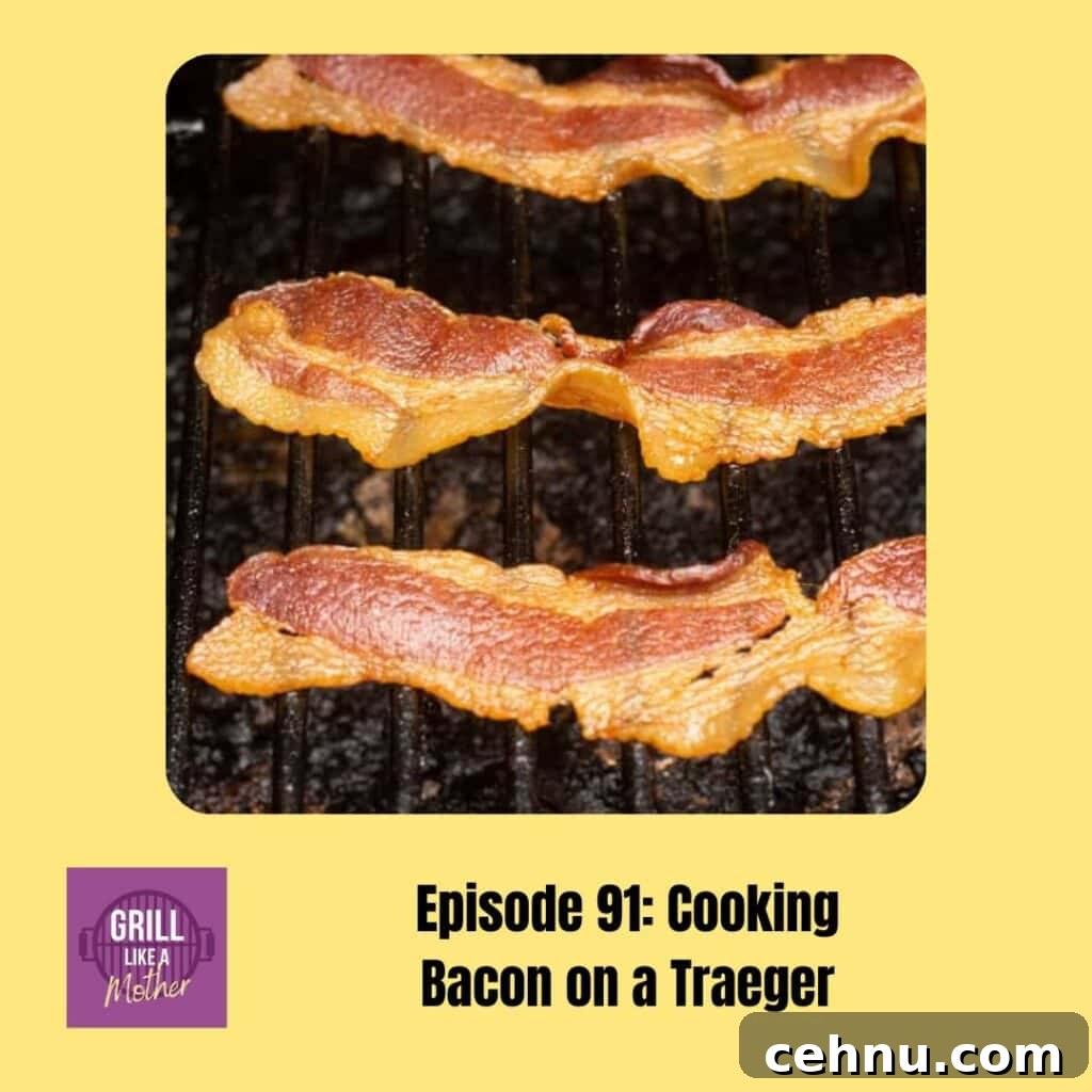 promo image for Grill Like A Mother podcast episode 91 with an image of three slices of bacon on a grill shown on a light yellow background with black text at the bottom showing the episode name and number.