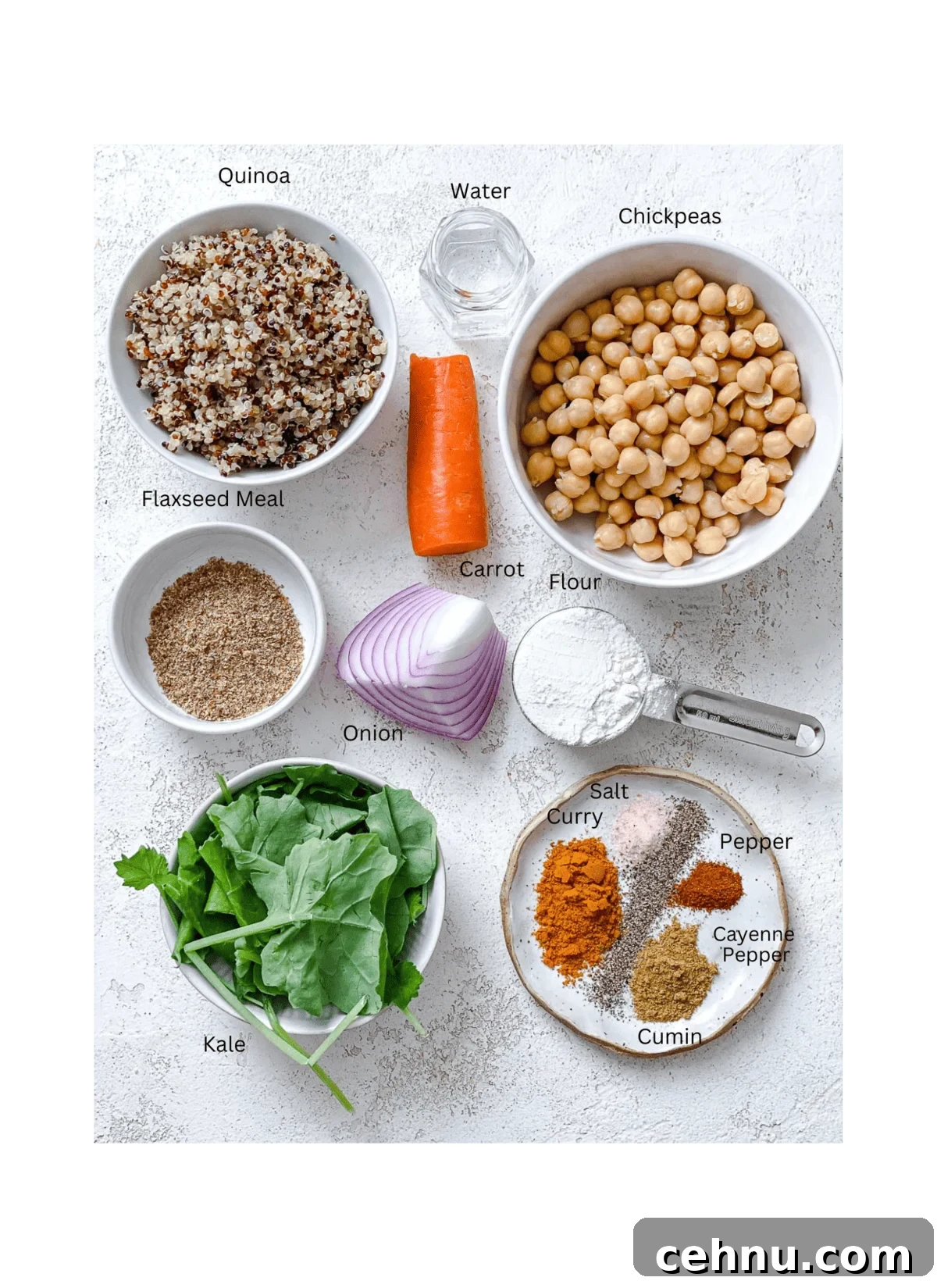 ingredients for Easy Quinoa Chickpea Patties measured out on a white surface