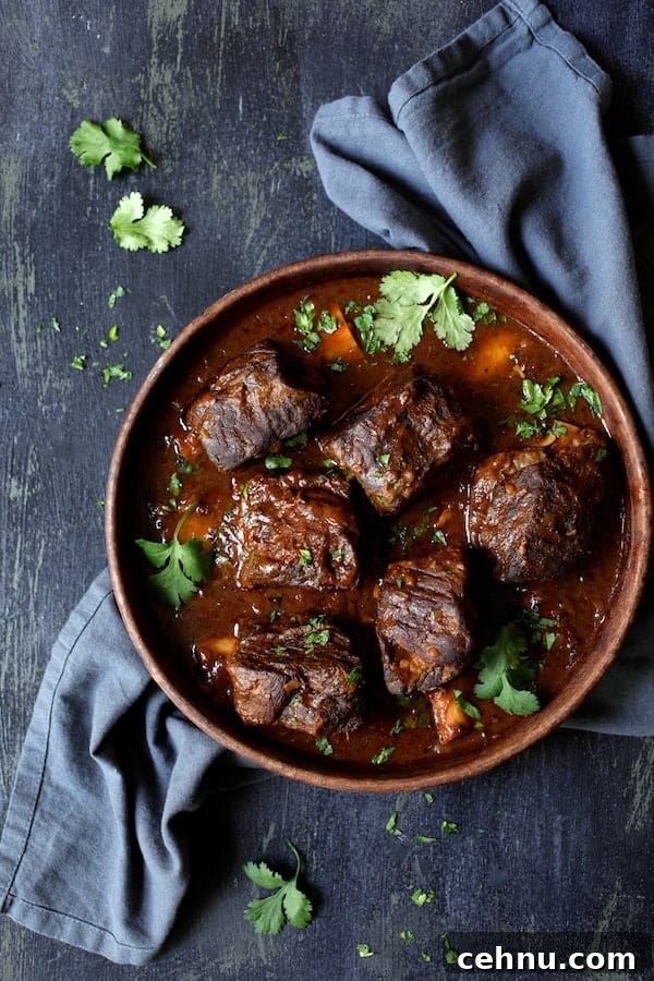 Slow Cooker Barbacoa Short Ribs with Cilantro-Lime Cauli Rice 5 Photo of Slow Cooker Beef Short Ribs Barbacoa with Cilantro Lime Cauliflower Rice in clay serving bowl on blue background with blue napkin.