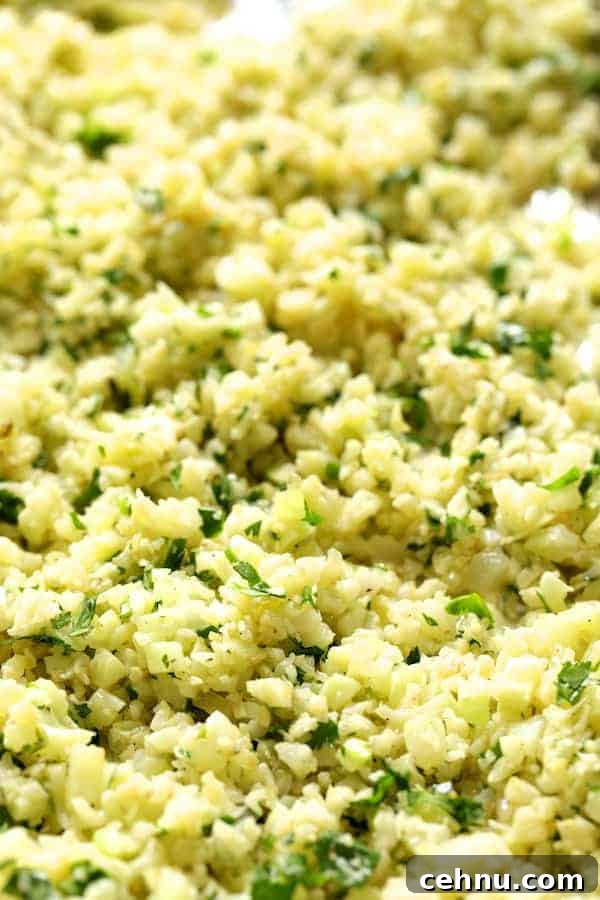 Slow Cooker Barbacoa Short Ribs with Cilantro-Lime Cauli Rice 7 Close-up photo of Cilantro Lime Cauliflower Rice on sheet pan after roasting.
