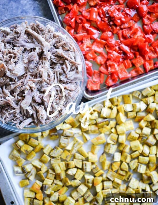 shredded pork roasted plantains and bell peppers meal prep