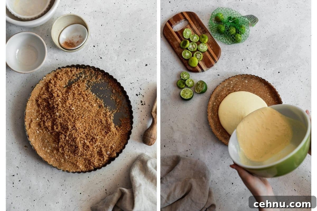 Toasted Coconut Key Lime Tart Recipe 5 Two bird's eye images; on the left, a black tart pan filled with graham crust on a grey table. On the right, a woman's hands pouring yellow filling from a green bowl into the crust next to juiced limes.