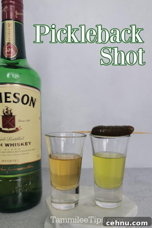 Jameson Pickleback Shot: How to Make It (Video) 2 Pickleback Shot text written next to a bottle of Jameson Irish Whiskey, a shot of pickle juice and a shot of Jameson