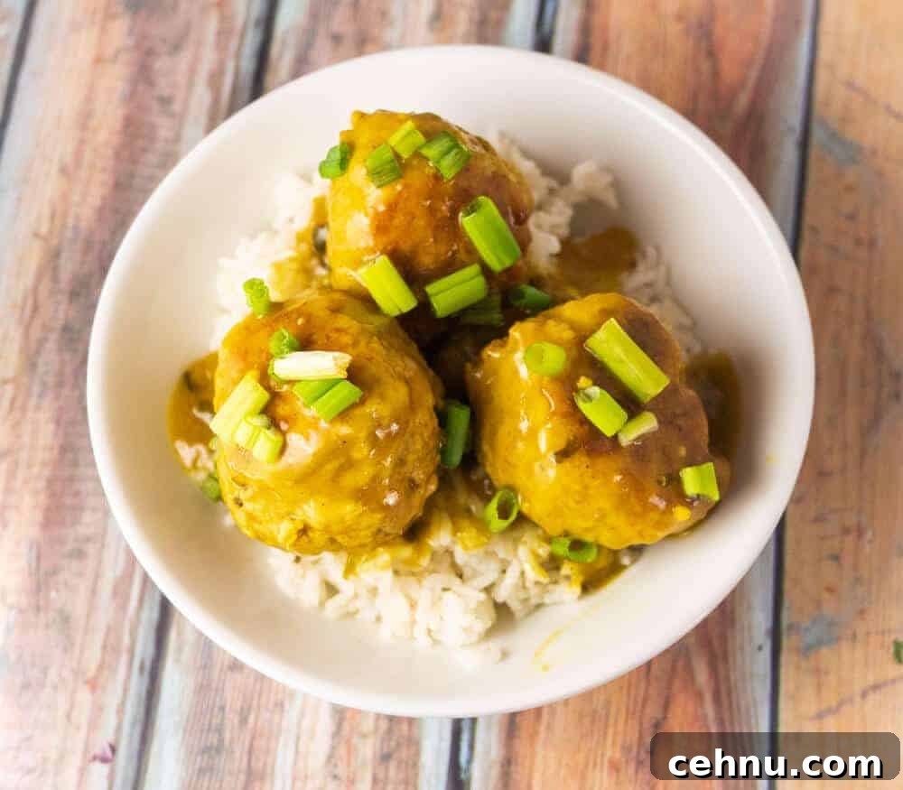 Instant Pot Chicken Curry Meatballs 3 Above shot of chicken curry meatballs. Juicy and delicious and made in your Instant Pot