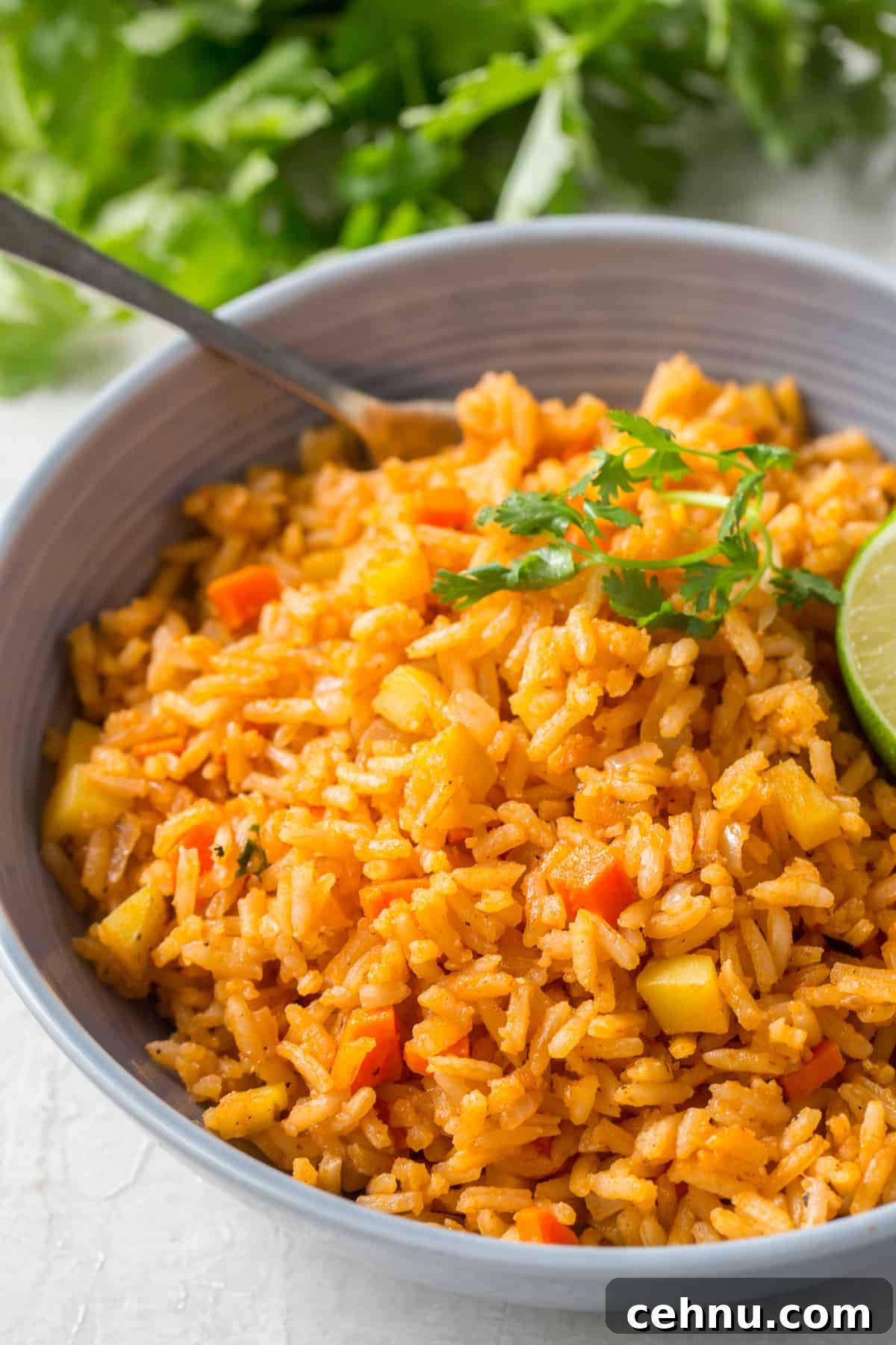 Authentic Restaurant-Style Mexican Rice Recipe 3 Mexican rice in a small bowl with a spoon.