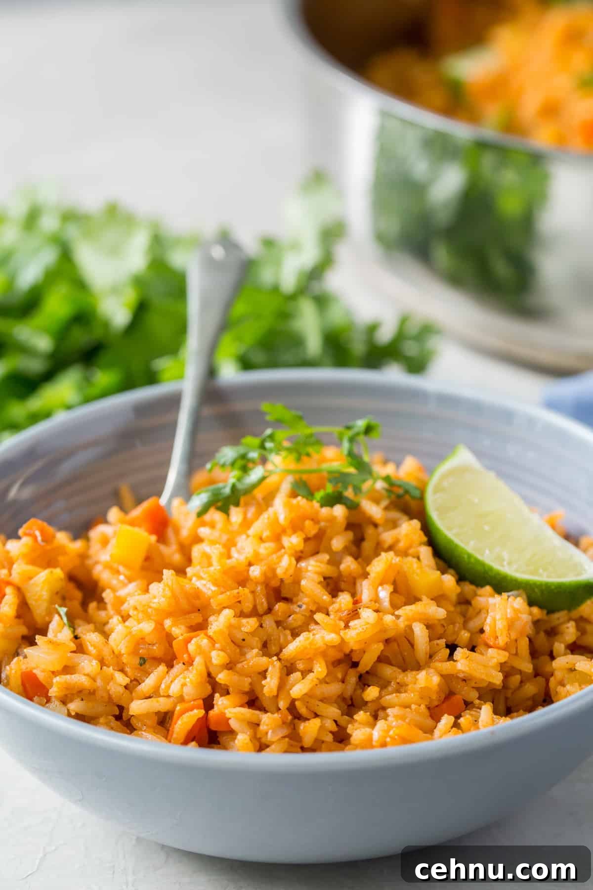 Authentic Restaurant-Style Mexican Rice Recipe 5 A fork resting in a small bowl of Mexican rice topped with a slice of lime.