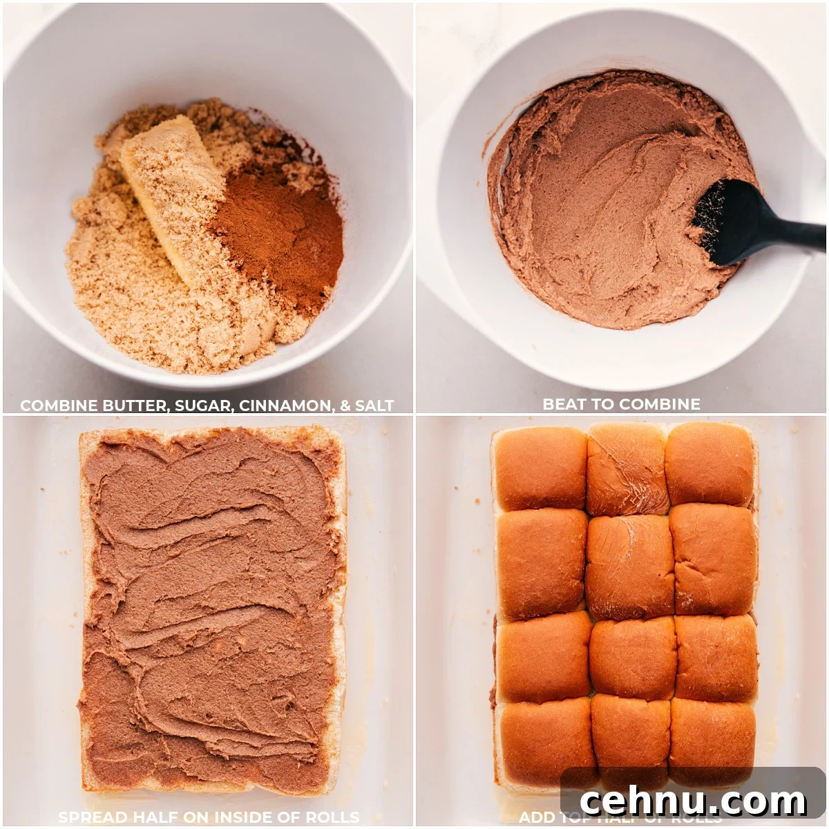 Sugar, butter, cinnamon, and salt being combined for the filling and outside of the rolls in these Hawaiian Roll Cinnamon Rolls.