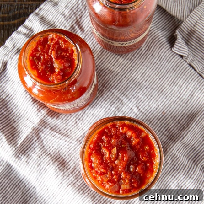 Top view of looking down into jars filled with thick tomato sauce.