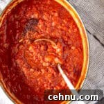 A large pot filled with a spicy tomato sauce cooked with onions and dried chipotle pepper.