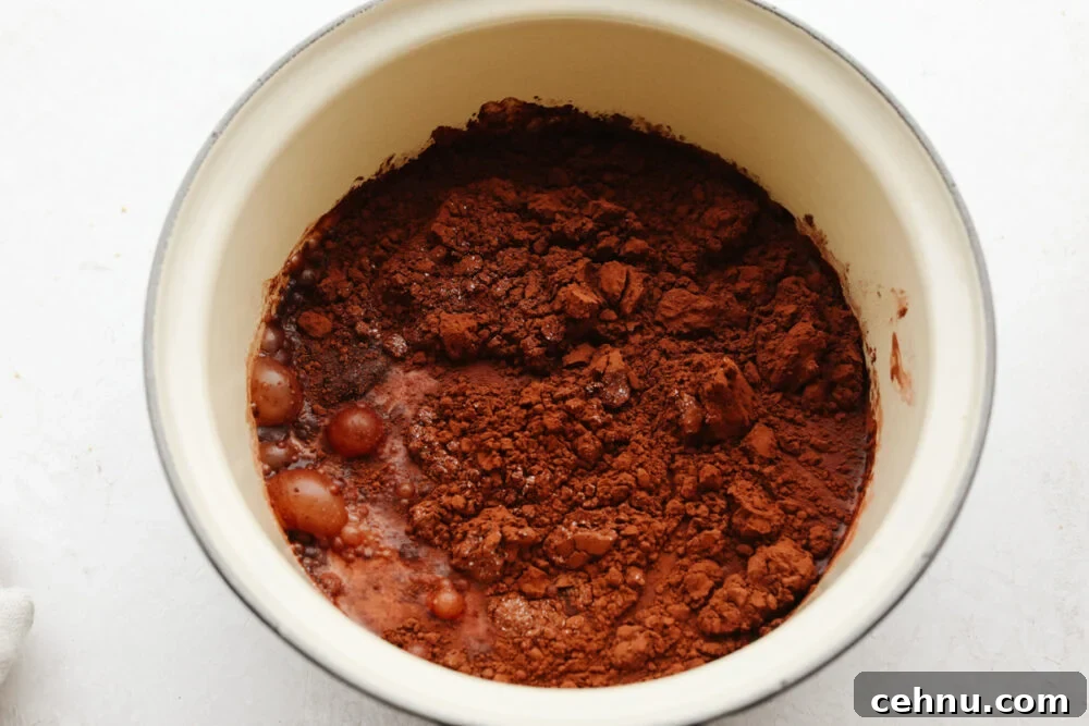 This homemade chocolate sauce has the perfect chocolate flavor and the smooth texture is to die for. It goes on just about anything and is so simple to make! A bowl of cocoa powder being mixed with milk.