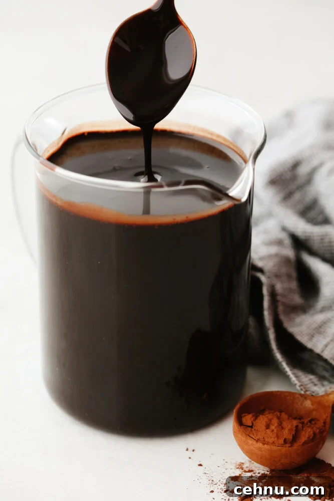 This homemade chocolate sauce has the perfect chocolate flavor and the smooth texture is to die for. It goes on just about anything and is so simple to make! A spoon being pulled out of a pitcher filled with chocolate sauce.