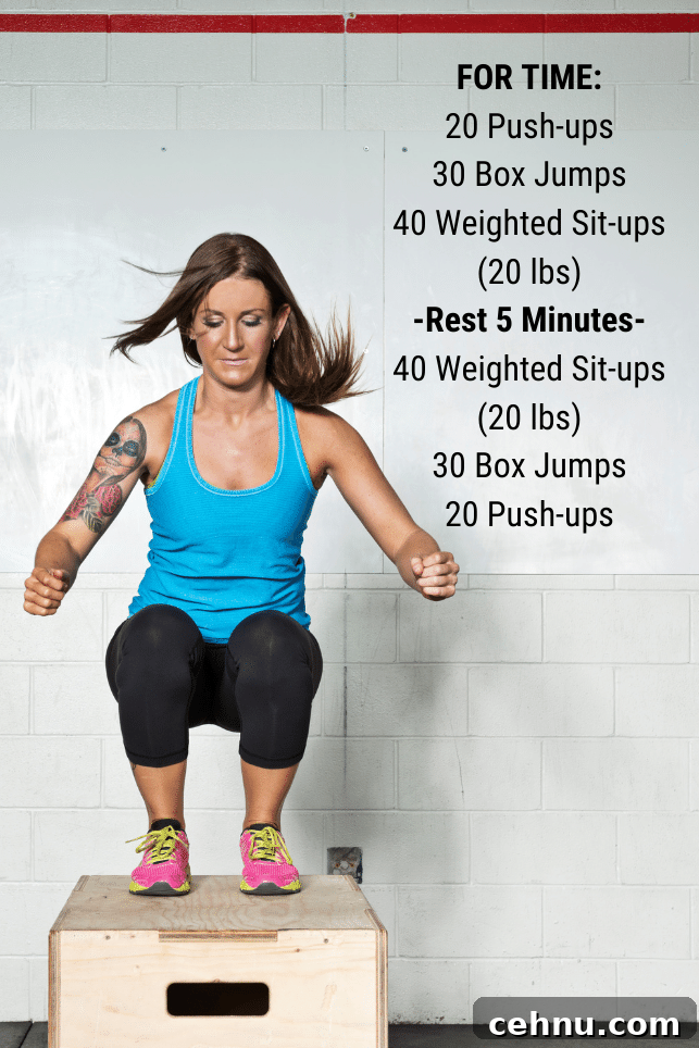 Weighted Sit-Up Routine to Build Core Strength 2 Strong girl doing box jumps with workout description.