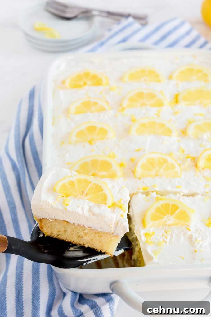 Lifting a piece of lemon cake with a spatula from a baking dish