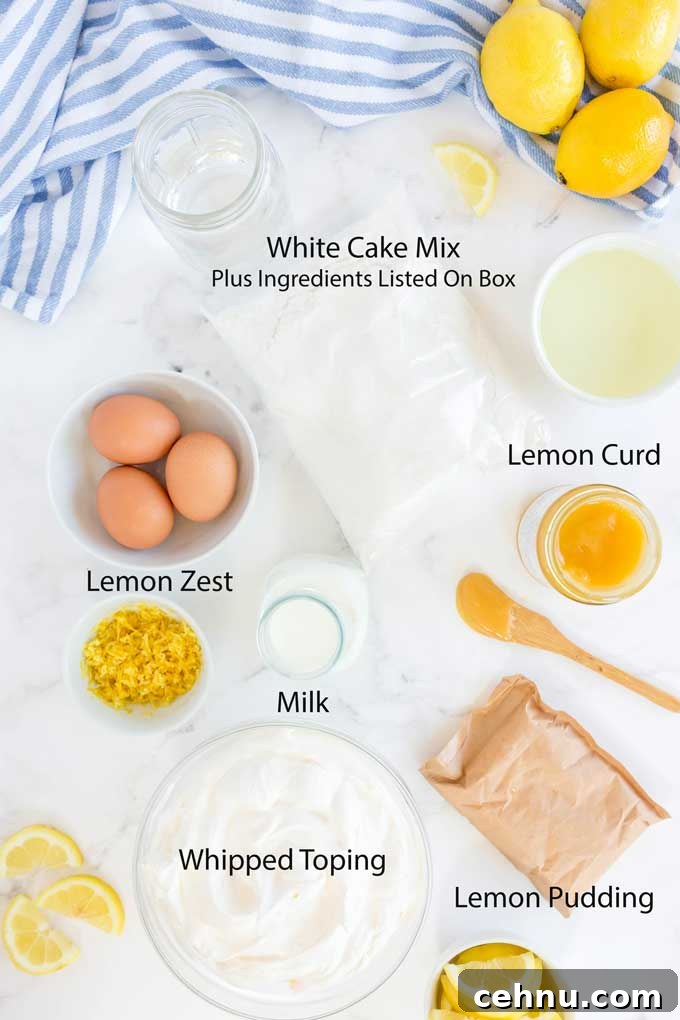 Ingredients to make Luscious Lemon Cake on a white surface