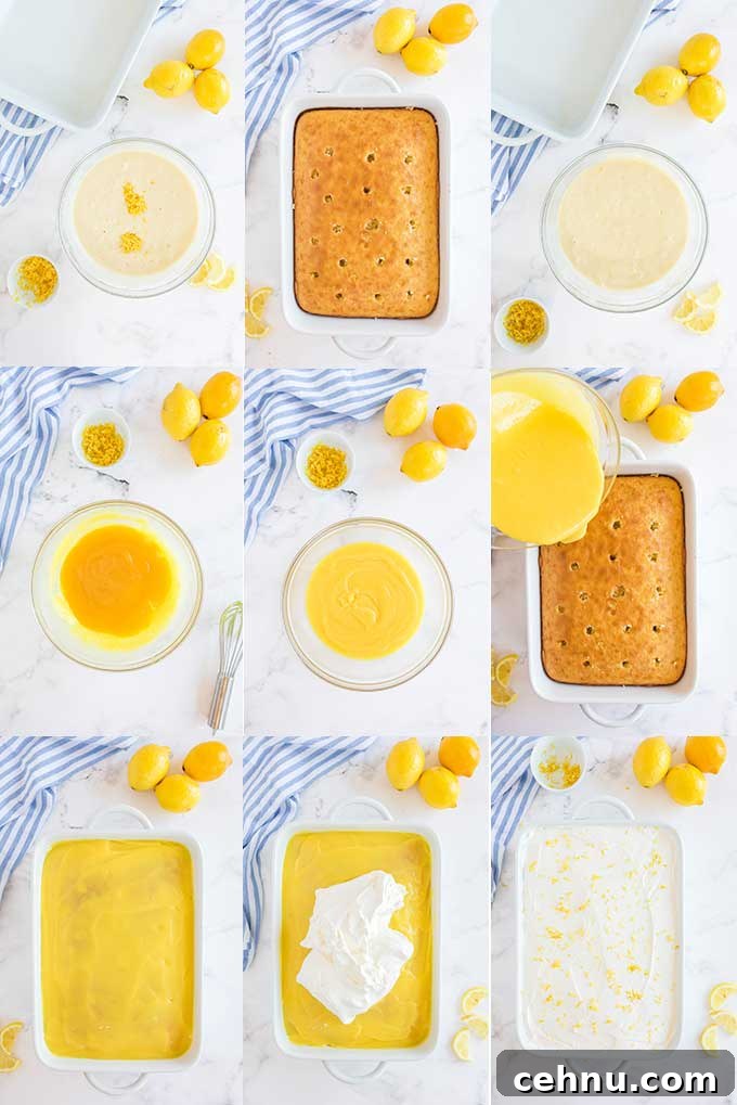 Step by step photo collage for how to make lemon poke cake